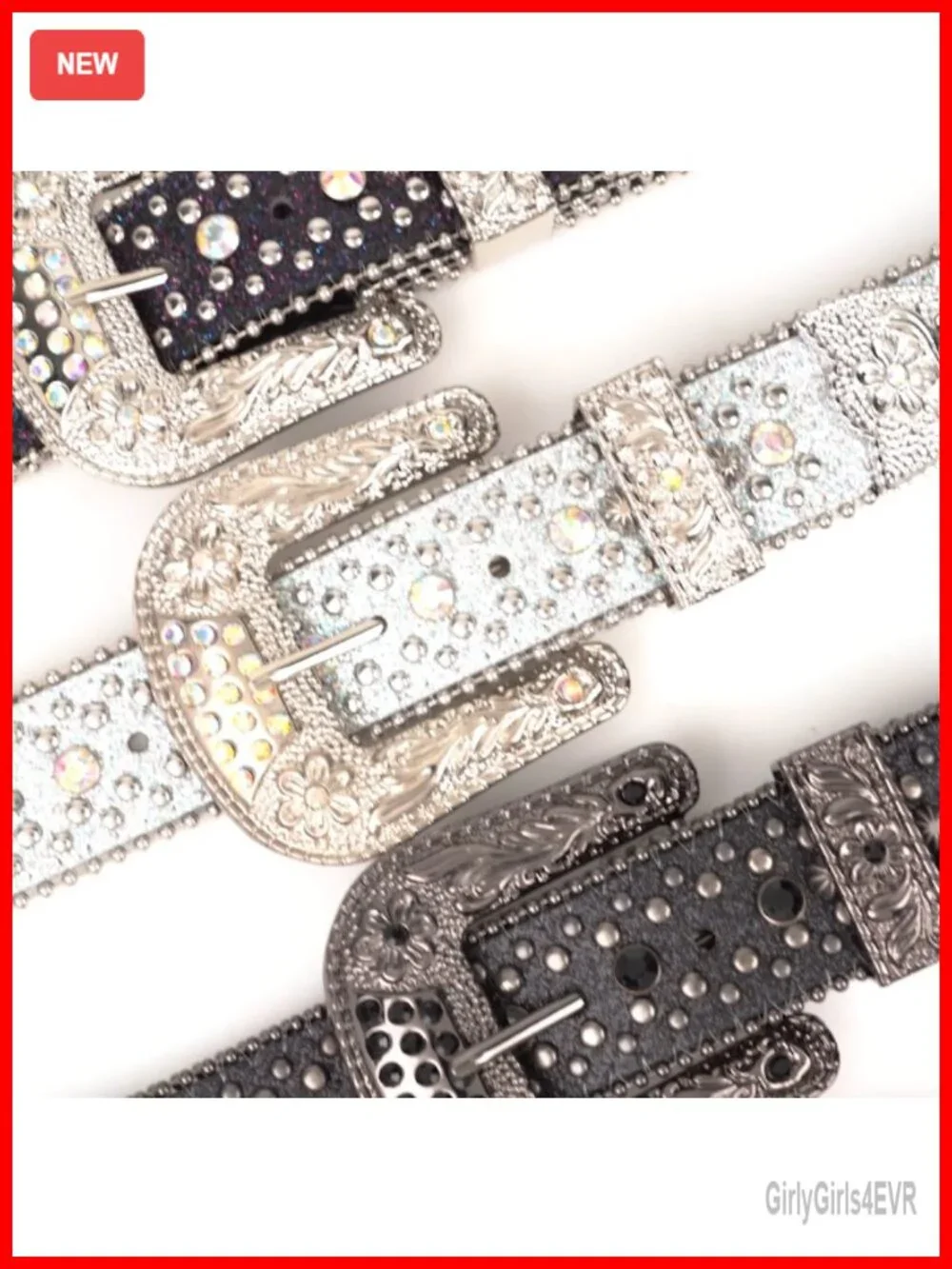Rhinestone Embellished Leather Belt with Detachable Buckle